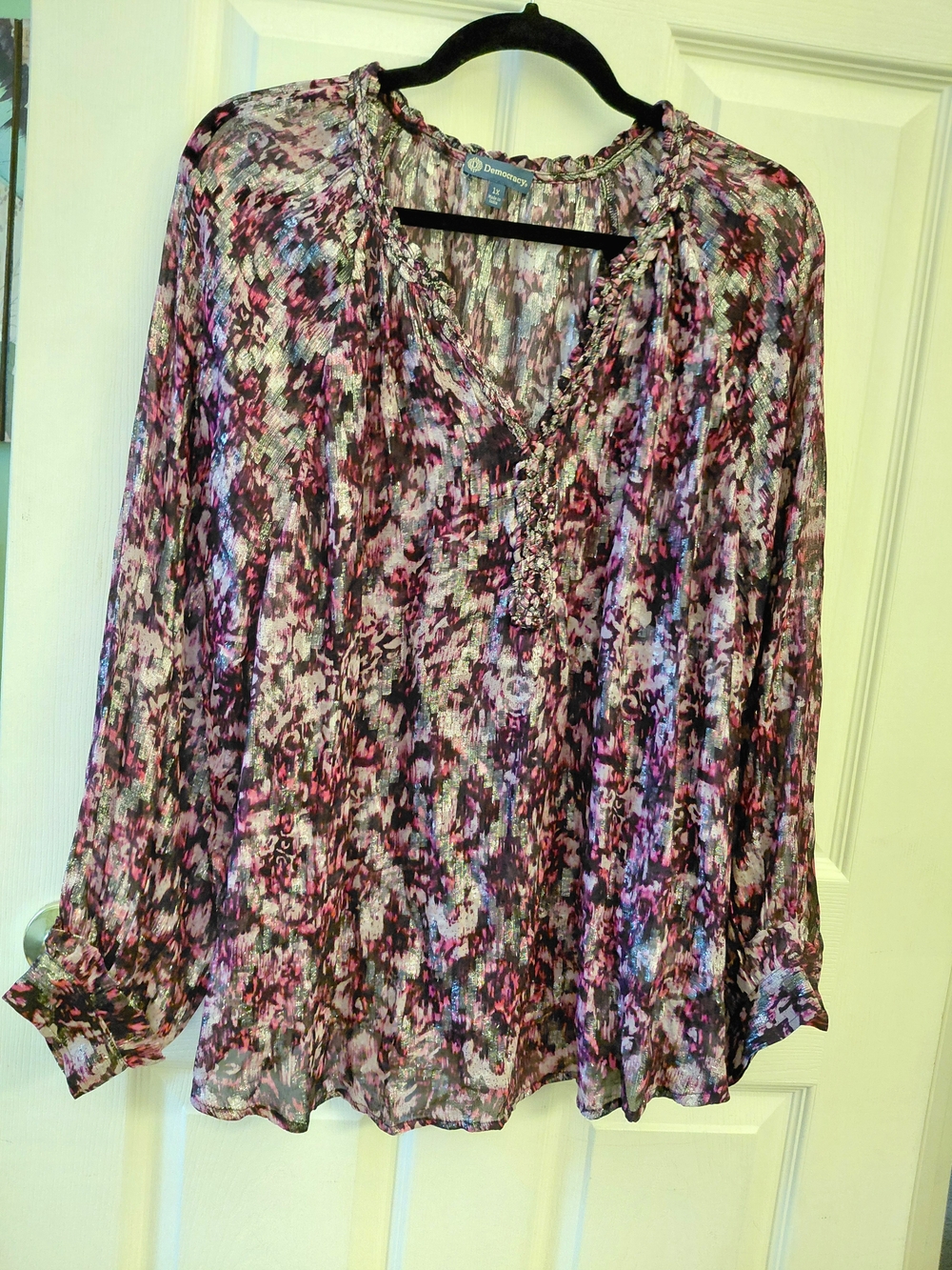 Democracy Purple Pink Multi-Print Sheer Peasant Top